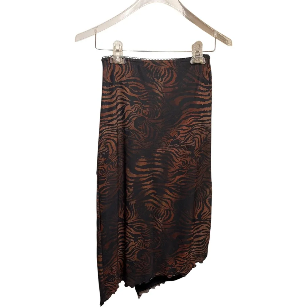 Brown Tiger Print Mesh Midi Skirt Asymmetrical Lettuce Hem Side Slit Bow Trim